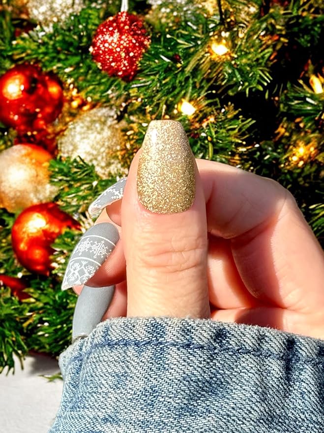| 20 Exquisite Gel Nail Polish Strips w/Application Accessories - No UV/LED Lamp Required (Holiday | Knitted Gray & Gold Glitter)