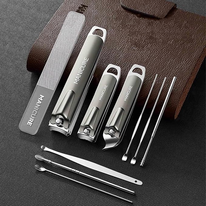 Manicure Set Nail Clippers，10-Piece Professional Nail Care Kit with Leather Case, Stainless Steel Manicure and Pedicure Tools (Brown)