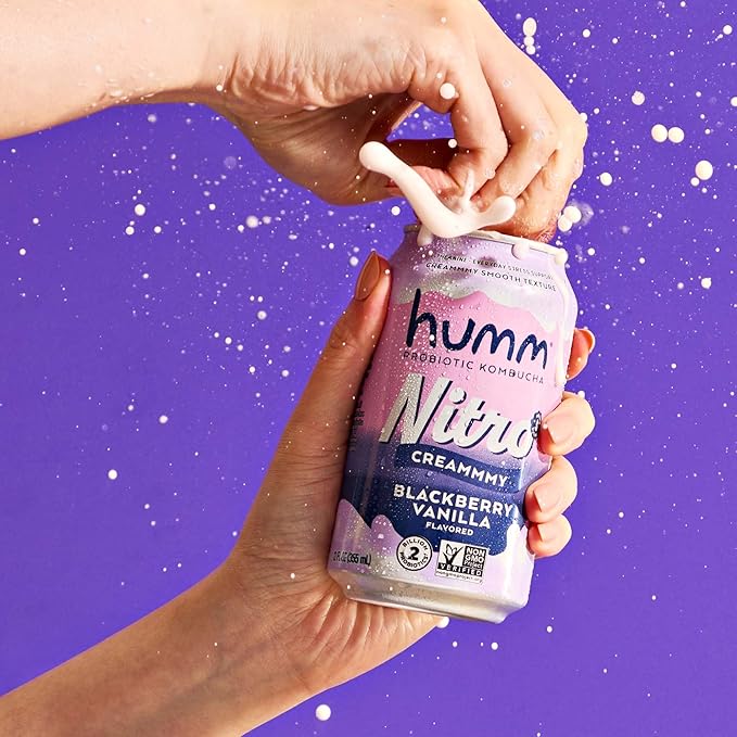 Humm Nitro Kombucha Blackberry Vanilla, Creamy Smooth Probiotic Drink with L-Theanine, Non-GMO, Vegan, Gluten Free, 12 fl oz (Pack of 24)