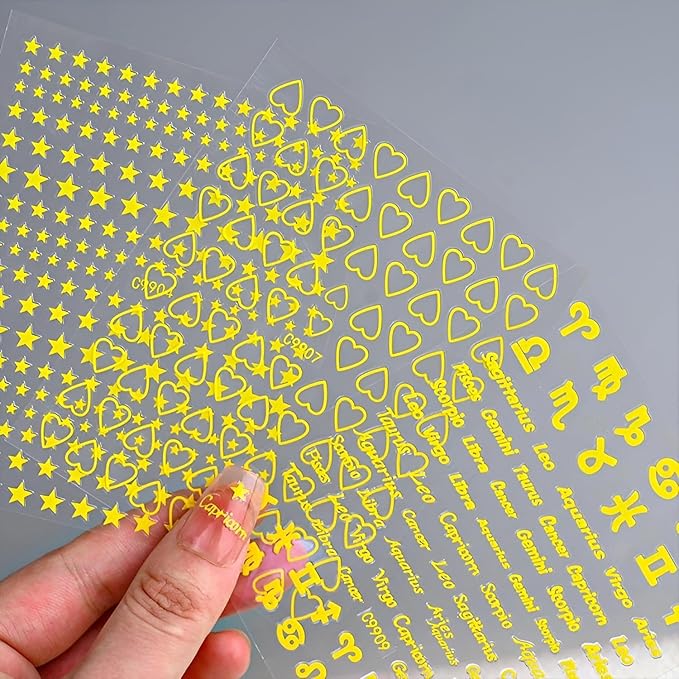 12 Sheets Gold Star Digit Heart Nail Art Stickers - 3D Self Adhesive Decals for Design and Decoration - Supplies Accessories for Women