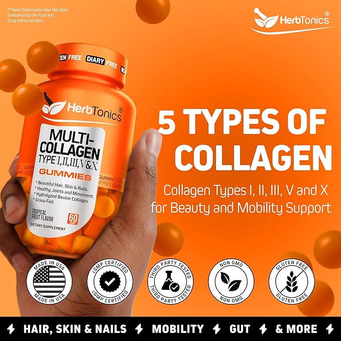 Herbtonics Multi Collagen Gummies with Biotin & Vitamin C, Hydrolyzed Collagen Peptides Types I, II, III, V, X for Hair, Skin, Nails, & Bone Support - Tropical Flavor, 60 Gummies