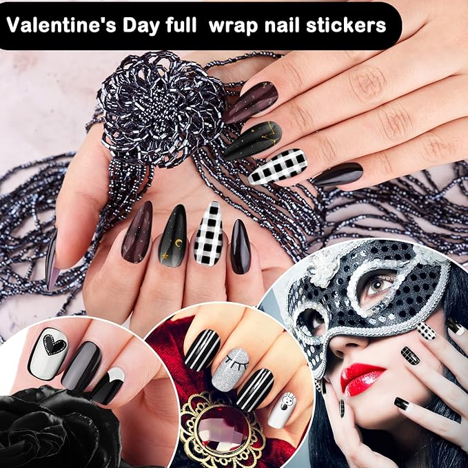 140 Pcs 10 Sheets Black Full Wrap Nail Stickers Polish Strips Gradient Stickers Glitter Self Adhesive DIY Art Decals Strips with 2 Pcs Nail Files for Halloween Decor (Retro Style)