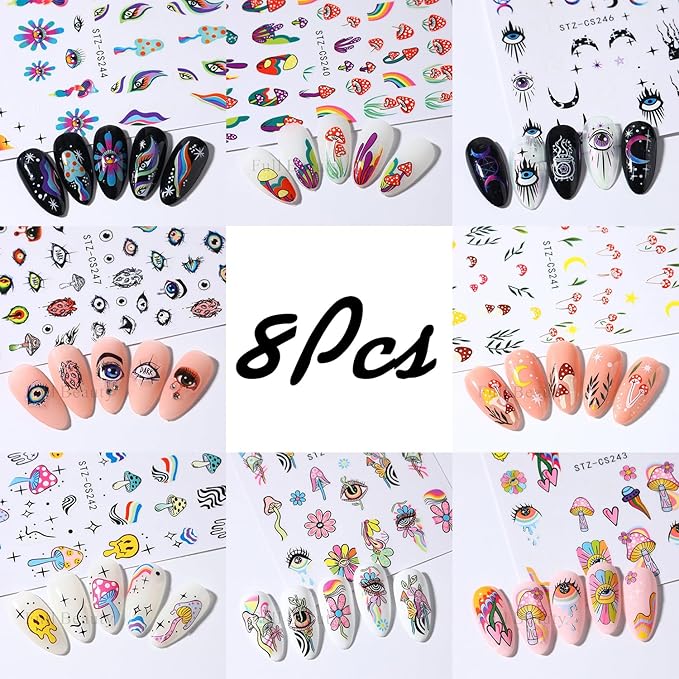 8 Sheets Nail Art Stickers Graffiti Flower Evil Eye 3D Self-Adhesive Nail Decals Rainbow Mushroom Star Moon Designs Nail Decorations Summer Nail Stickers Colorful Nail Supplies for Women DIY Manicure