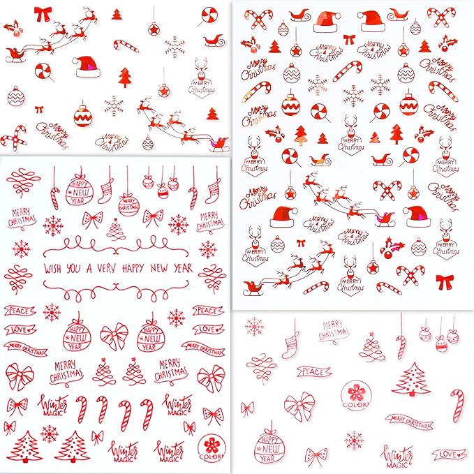 HNUIX Nail Stickers - 3D Christmas, Self Adhesive Nail Decals, Multi Pattern, Red, 9 Sheets, for Nail Art