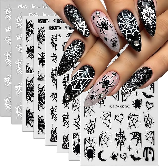 8 Sheets Spider Nail Art Stickers Halloween Nail Decals Black White Spider Web Spiders Design 3D Self-Adhesive Nail Sticker Fall Holiday Acrylic Manicure DIY Nails Decoration Supplies for Women