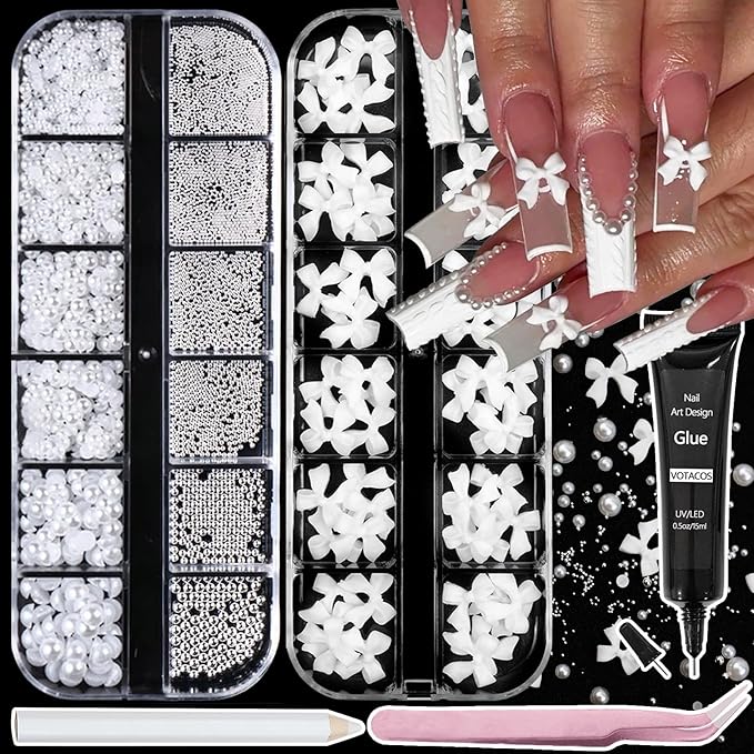 Bow Nail Art Charms with Rhinestones Glue Gel White Flatback Pearls Luxurious Nail Charms Supplies Accessories White Pearls Silver Steel Ball Nails Gems Jewelry for Women Nails Design
