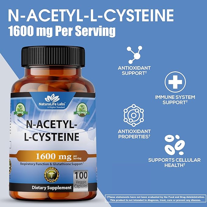 N-Acetyl-L-Cysteine (NAC) 1600 mg – Immune Support & Antioxidant Protection*, Helps Neutralize Free Radicals, Free Form, Exercise Performance – 100 Veggie Capsules