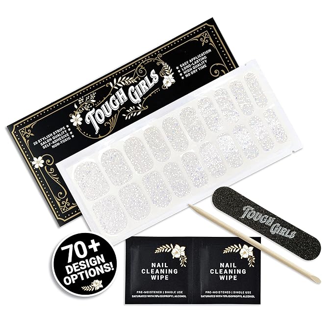 | 20 Exquisite Gel Nail Polish Strips w/Application Accessories - No UV/LED Lamp Required (Clear & Sparkle)