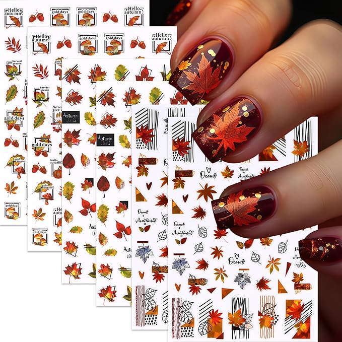 Maple Leaf Nail Art Stickers 3D Laser Shiny Autumn Winter Maple Red Leaf Nail Decals Autumn Maple Leaf Pumpkin Mushroom Nail Decoration Autumn Thanksgiving Day Nail Sticker for Women Nail Accessories