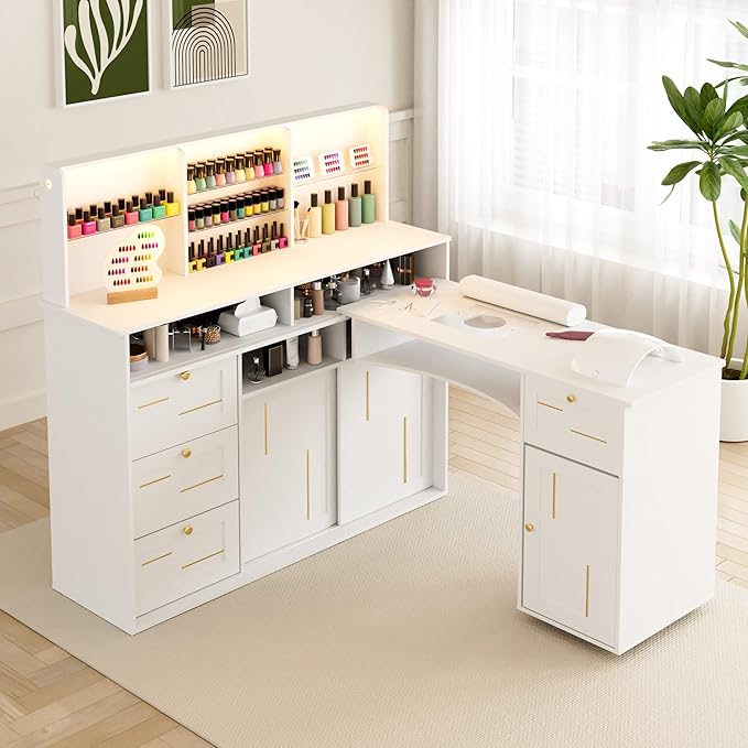 Manicure Table with Dust Collector, L-Shaped Nail Desk with Mobile Desktop, LED Light, Glass Display Rack, Storage Cabinets and Drawers for Home Spa Beauty Salon Nail Station, White