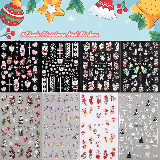8 Sheets 5D Christmas Nail Art Stickers Self-Adhesive Embossed Cute Santa Claus Reindeer Xmas Tree Designs Cartoon DIY Xmas Nail Art Stickers Decals Christmas Nail Supplies for Women Nails Art Decor