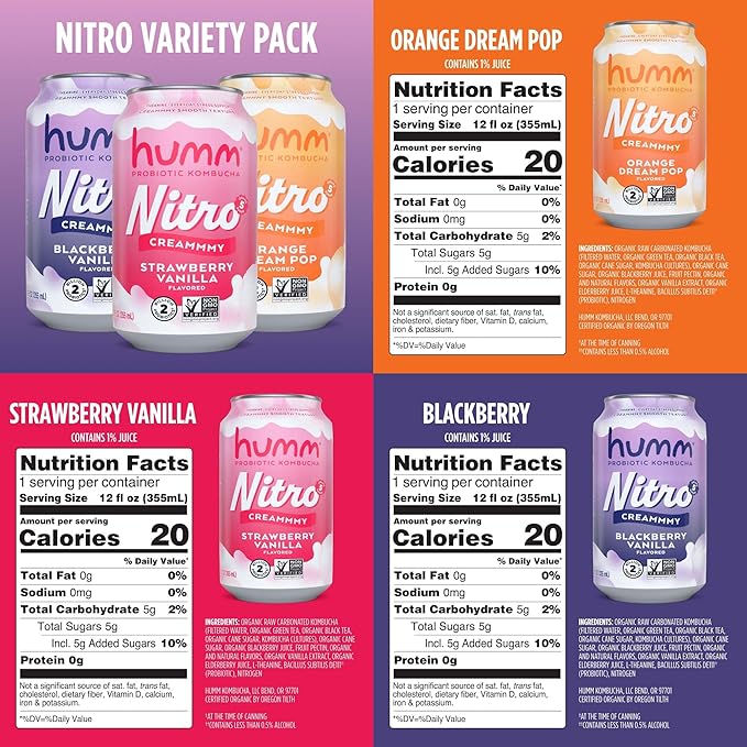 Humm Nitro Kombucha Variety Pack, Creamy Smooth Probiotic Drink with L-Theanine, Includes Blackberry Vanilla, Orange Dream Pop & Strawberry Vanilla, Non-GMO, Vegan, Gluten Free, 12 fl oz (Pack of 12)