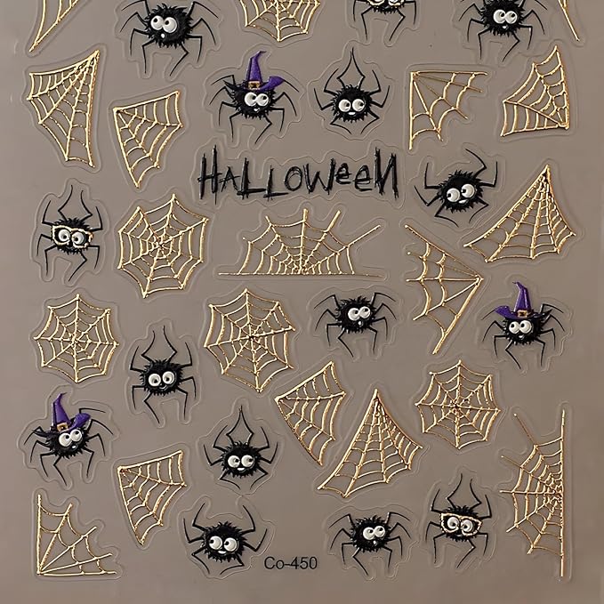 Halloween Nail Stickers Gold Nail Sticker for Nail Art 5D Self-Adhesive Gold Spider Web Nail Decals Spider Nails Supplies Decoration Accessories for Women and Girls