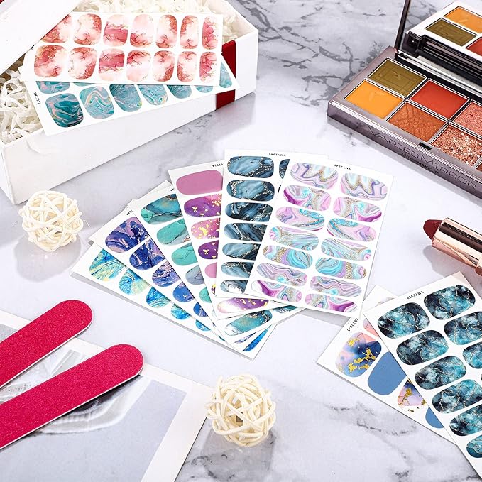 140 Pcs 10 Sheets Marble Full Wrap Nail Stickers Polish Strips Gradient Stickers Glitter Self Adhesive DIY Art Decals Strips with 2 Pcs Nail Files for Holiday Decor (Marble Style)