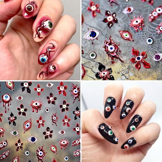 1Sheet Horror Blood Eye Nail Art Stickers 5D Embossed Halloween Nail Decals Self-Adhesive Evil Flower Nail Stickers with Bloody Eyeball Design Nail Decal Weird Eye Nail Sticker for Women Nails Decor