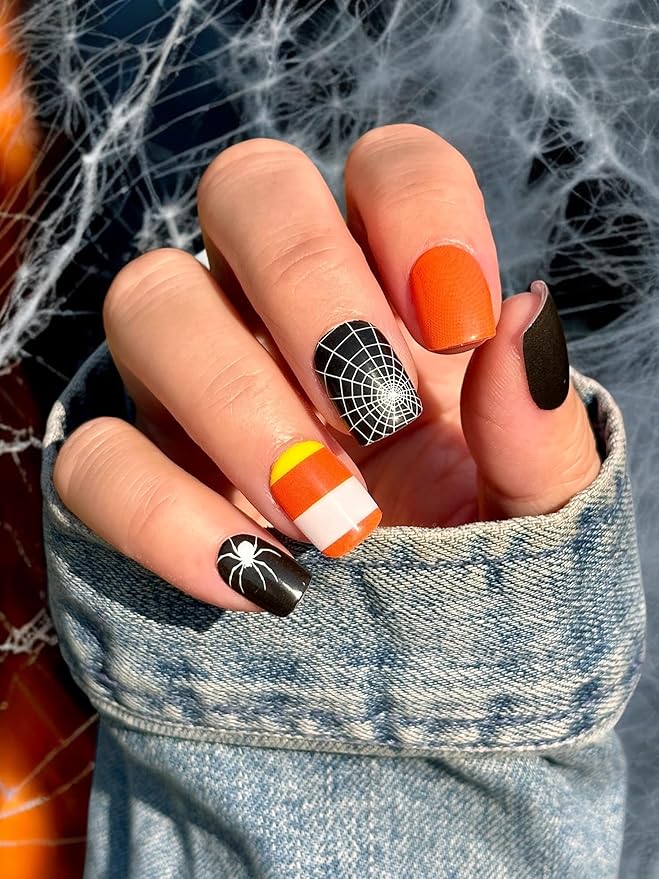 | 20 Exquisite Gel Nail Polish Strips w/Application Accessories - No UV/LED Lamp Required (Holiday | Candy Corn & Spiders)