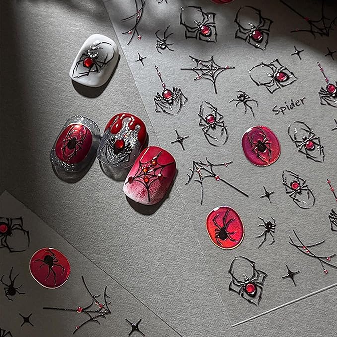 1Sheet Halloween Spider Nail Stickers for Nail Art Spider Web Nail Art Stickers 5D Embossed Halloween Nail Decals with Crystal Red Spider Web Nail Designs Manicure Decor for Women Manicure Supplies
