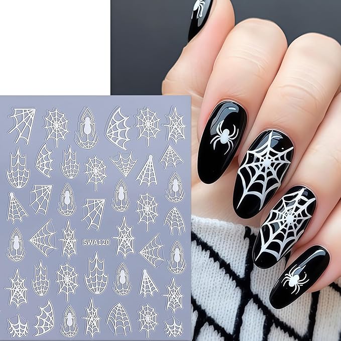 10 Sheets Spider Nail Art Stickers Halloween Nail Decals 3D Self-Adhesive Laser Black White Gold Silver Spiders and Spider Web Nail Sticker Design DIY Holiday Party Nails Supplies for Salon Manicure