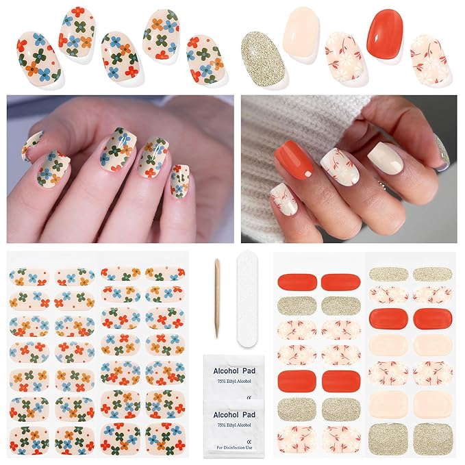 Semi Cured Gel Nail Strips 2 Set, (Glitter,Five Flower) 56 Pcs Gel Nail Wraps,Stickers Works with Any UV/LED Lamps,Long Lasting,Salon-Quality, Easy to Apply