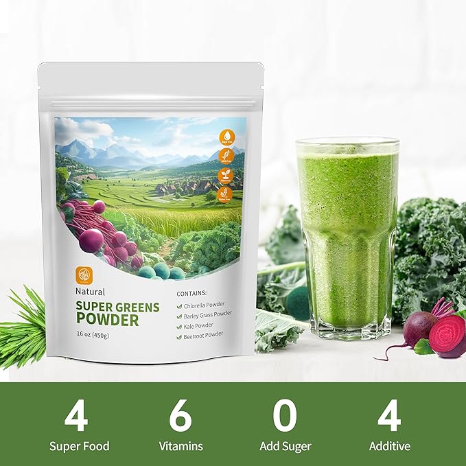 Greens Powder Superfood for Immune Support With 16 oz，Greens Powder Smoothie Mix with Chlorella, Barley Grass, Kale & Beetroot Smoothie Booster, Chlorophyll Providing Greens.