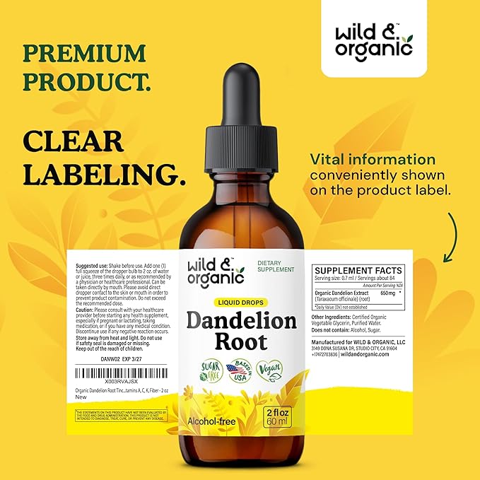 Wild & Organic Dandelion Root Supplement Drops - Liver Cleanse Support - Dandelion Root Tincture for Liver Detox - Vegan, Sugar & Alcohol-Free Liquid Extract - 2 fl oz