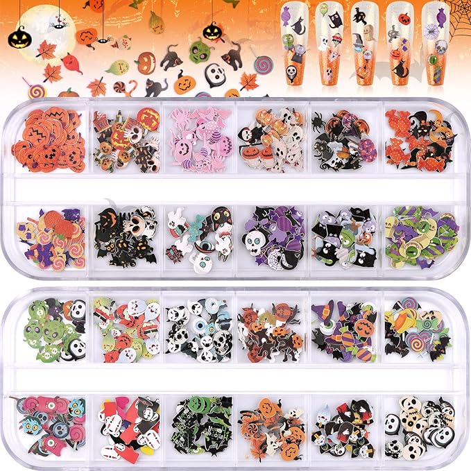 Kalolary Halloween Nail Art Sequins, 3D Skull Spider Pumpkin Bat Ghost Witch Stickers for Acrylic Nails, Halloween Wood Pulp Glitter Flakes for Nail Art Decorations