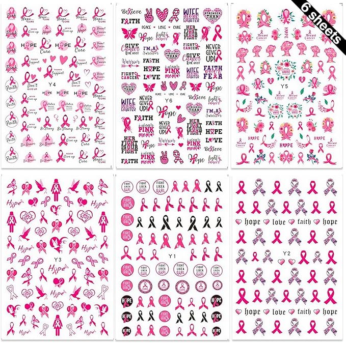 6 Sheets Breast Cancer Nail Art Stickers - 3D Self-Adhesive Heart Letter Nail Decals Pink Ribbon Breast Cancer Nail Designs for Women & Girls Acrylic Manicure Salon