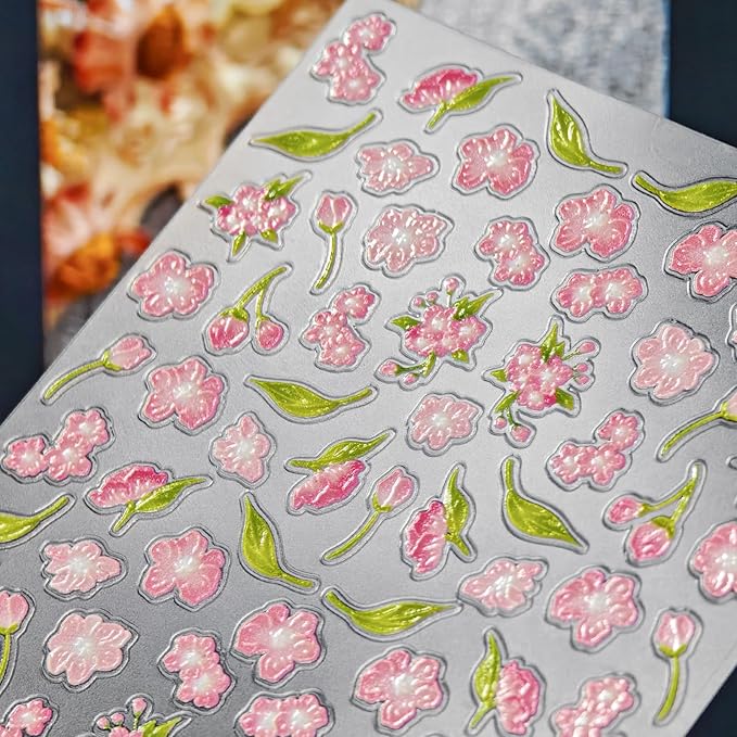 Flower Nail Stickers for Nail Art - Peach Blossom Nail Art Sticker Floral Embossed Nail Decals Self-Adhesive Nails Supply Manicure Stickers for Nails Decoration