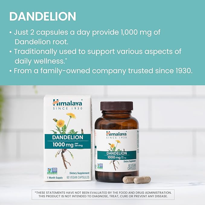 Himalaya Dandelion, Herbal Supplement for Daily Wellness Support, Vegan, Gluten Free, 1,000 mg Dandelion Root, 60 Capsules