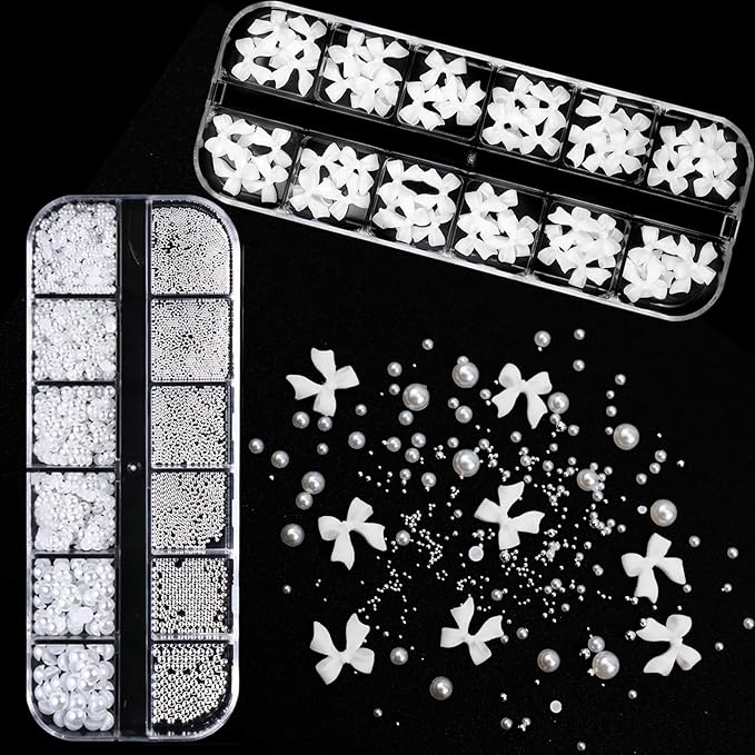 Bow Nail Art Charms with Rhinestones Glue Gel White Flatback Pearls Luxurious Nail Charms Supplies Accessories White Pearls Silver Steel Ball Nails Gems Jewelry for Women Nails Design