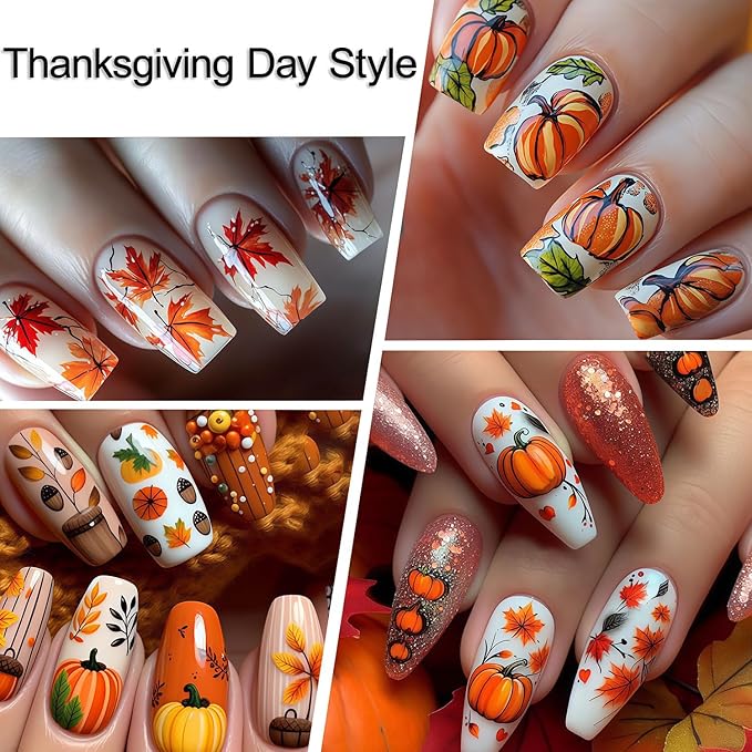 10 Sheets Thanksgiving Day Nail Stickers for Nail Art Fall Nail Sticker 3D Self-Adhesive Shiny Autumn Maple Leaf Turkey Pumpkin Nails Decals Holiday Maple Leaves Manicure Decoration for Salon Nails