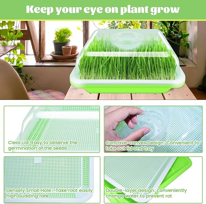 Legigo 2 Pack Seed Sprouter Trays with Lids- Soil-Free Cultivation Germination Tray, BPA Free Micro Greens Growing Trays Seed Sprouting Trays Kit with Germinating Paper for Wheatgrass, Beans and More