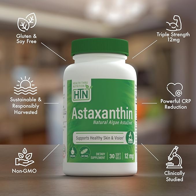 Health Thru Nutrition Astaxanthin Triple Strength 12mg Supplement 30 Softgels | AstaZine from Algae Organically Grown in Pristine Himalayan Water | Skin and Vision Support