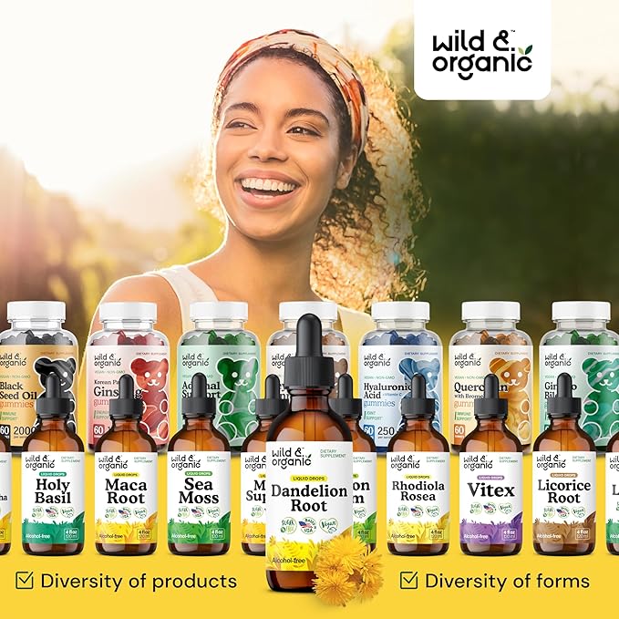 Wild & Organic Dandelion Root Supplement Drops - Liver Cleanse Support - Dandelion Root Tincture for Liver Detox - Vegan, Sugar & Alcohol-Free Liquid Extract - 2 fl oz
