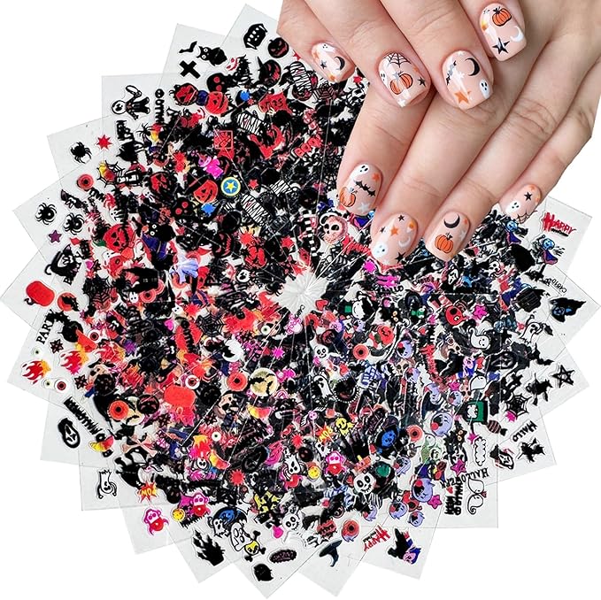 30 Sheets Halloween Nail Stickers Pumpkin Ghost Face Nail Charms Decals 3D Self Adhesive Spider Web Cat Bat Manicure Art Sticker for Acrylic Nails DIY Decorations
