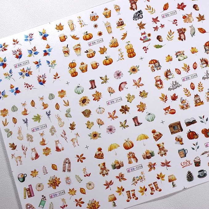 12 Sheet Fall Nail Art Stickers Decals Water Transfer Nail Stickers Maple Leaves Nail Stickers for Nail Art with Little Bear Squirrel Design Autumn Manicure Decoration for Women Nails Supplies