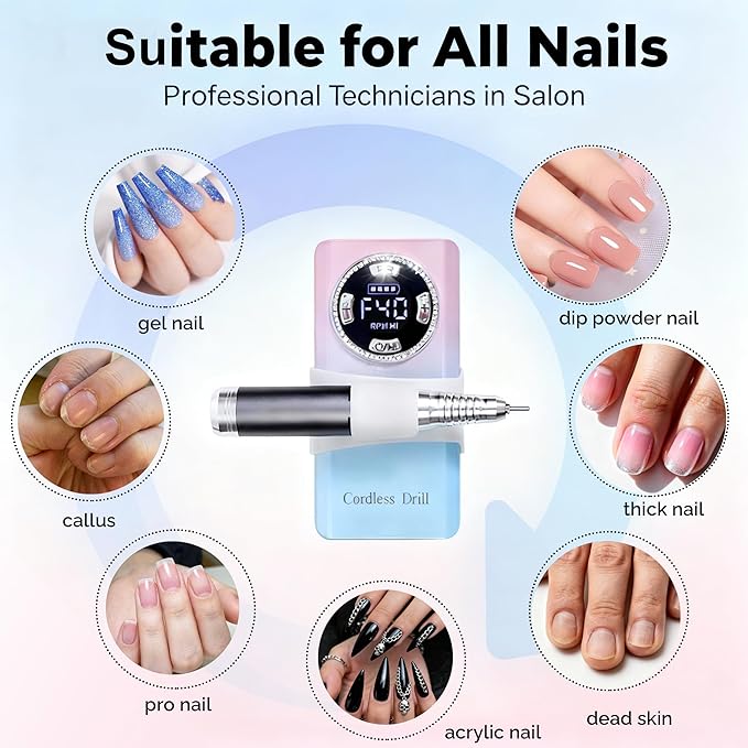 Professional Electric Nail Drill , LUMCRISSY 40000 PRM Electric Nails File Machine for Acrylics, Rechargeable Nail File Nail Grinder Drill Bit Manicure Pedicure for Salon and Home Use