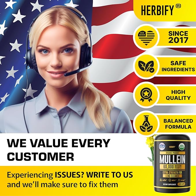 HERBIFY Mullein Capsules - Lung Cleanse - Leaf Extract - Powerful Mullein for Immune Support, Detox & Respiratory Support - Made in USA - Herbal Supplements - 120 Capsules