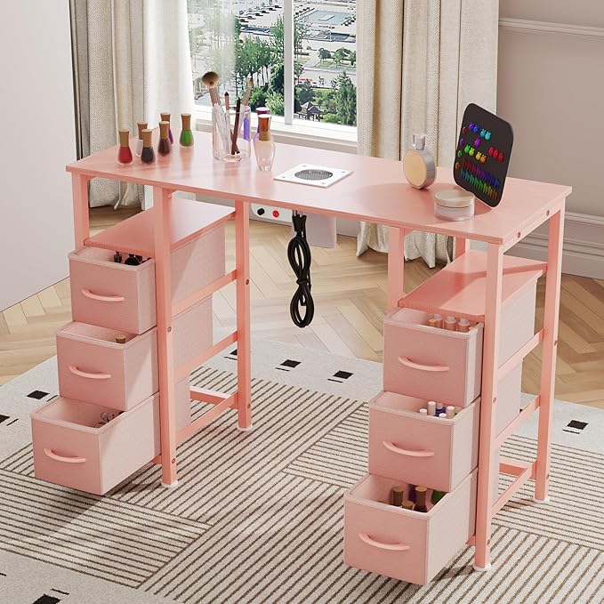 Manicure Table Nail Desk for Nail Tech, Nail Beauty Table w/Electric Dust Collector & 6 Storage Drawers & Open Shelves for Home, Workshop, Makeup Beauty Salon Workstation