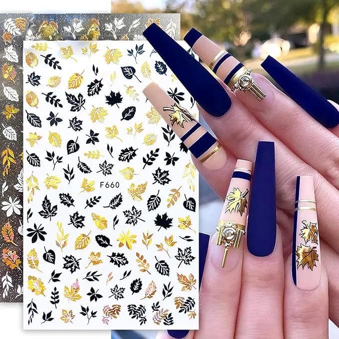 8 Sheets Fall Leaves Nail Art Stickers Gold Maple Leaf Self-Adhesive Nail Decals 3D Stickers Foil Autumn Maple Nail Designs Laser Shiny Manicure Tip Fall Nail Decorations for Thanksgiving Day Supplies