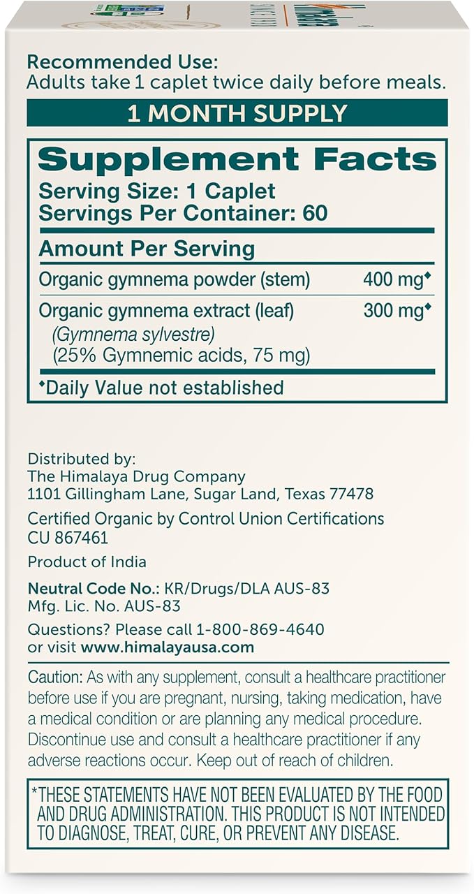 Himalaya Organic Gymnema Sylvestre - Herbal Glucose Metabolism Support - USDA Organic, Non-GMO, Vegan, Gluten Free, 700 mg, 60 Caplets (Pack of 2)