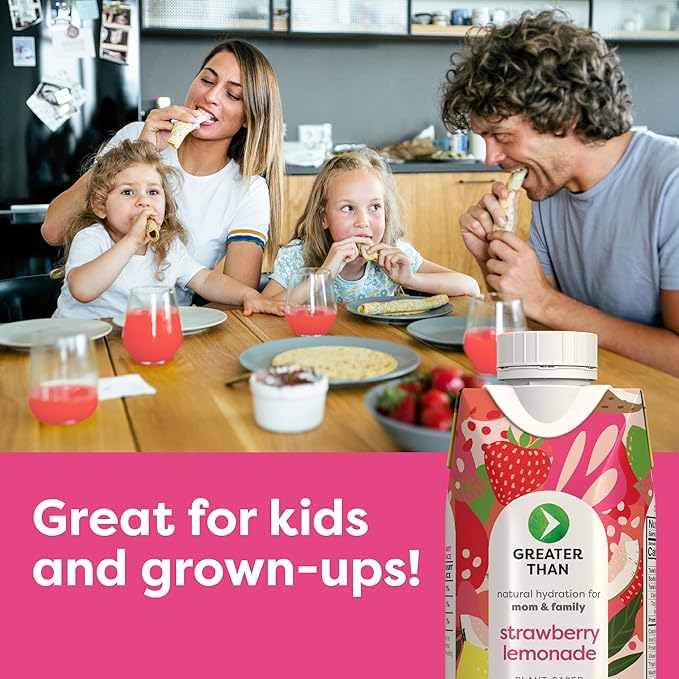 Greater Than Nutrient Hydration Beverage, Electrolyte Drink for Gut Health & Energy with Coconut Water, Vitamins, Gluten Free, Plant Based, Low Sugar, Strawberry Lemonade, 24 Pack