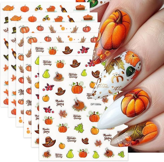 6 Sheets Fall Nail Stickers Autumn Maple Leaf Nail Art Stickers for Nail Art Cute Pine Cones Pumpkin Turkey Designs 3D Self-Adhesive Thanksgiving Nail Decals for Women DIY Acrylic Manicure Decoration