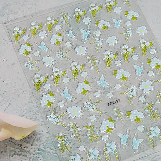Flower Nail Stickers for Nail Art - Blue Flower Nail Art Sticker Floral Embossed Leaf Butterfly Nail Decals Self-Adhesive Nails Supply Manicure Stickers for Nails Decoration