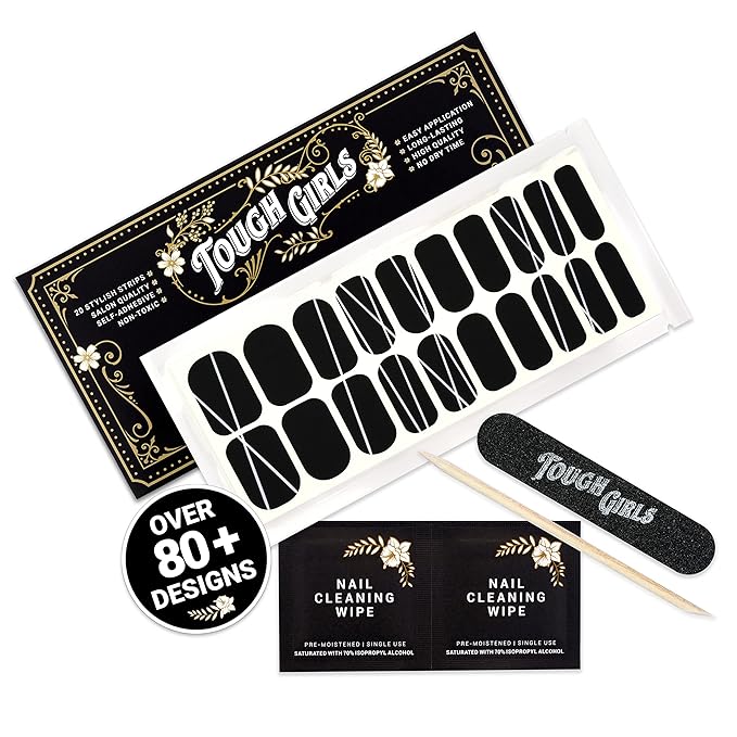 | 20 Exquisite Gel Nail Polish Strips w/Application Accessories - No UV/LED Lamp Required (Black Matte w/White Lines)