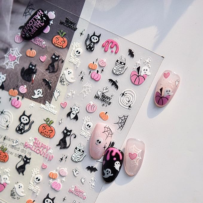 Halloween Nail Art Stickers Decals 5D Embossed Pumpkin Black Cat Nail Decals 1PCS Ghost Bat Skeleton Spider Web Cute Halloween Nails Design Adhesive Sliders for Holiday Manicure Nail Art Decorations