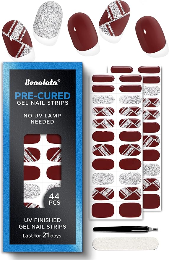 Pre Cured Gel Nail Strips - 44PCS Salon Quality Gel Nail Stickers - Long Lasting Polish Wraps for Women no UV Light Needed Easy Apply& Remove (Cocoa Brown）