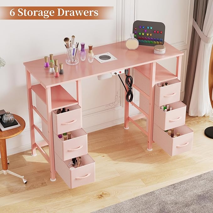 Manicure Table Nail Desk for Nail Tech, Nail Beauty Table w/Electric Dust Collector & 6 Storage Drawers & Open Shelves for Home, Workshop, Makeup Beauty Salon Workstation