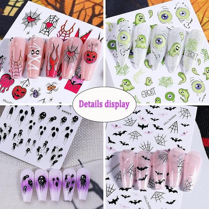 8 Sheets Halloween Nail Art Stickers 3D Self Adhesive French Pink Flame Nail Stickers Pink Pumpkin Heart Spider Web Green Ghost Eye Nail Decals for Women Girls Scary Halloween Manicure Decoration