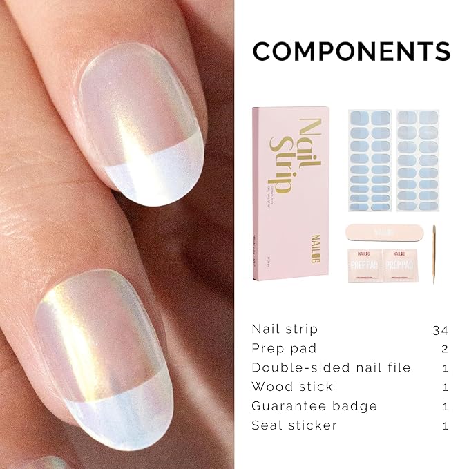 Semi Cured Gel Nail Strips - NAILOG 34 Pcs French Clear Glitter Nail Stickers Extra Long Wraps with Glossy Gel Finishing, Magic Aura